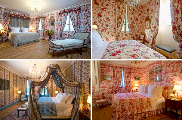 De gauche à droite et de haut en bas, la “Chambre Baldaquin” (270 ou 315 euros la nuit selon la saison), la “Chambre aux Oiseaux” (200-250 la nuit), la “Chambre Polonaise” (250-295 euros) et la “Suite Oberkampf” (280-330 euros). 