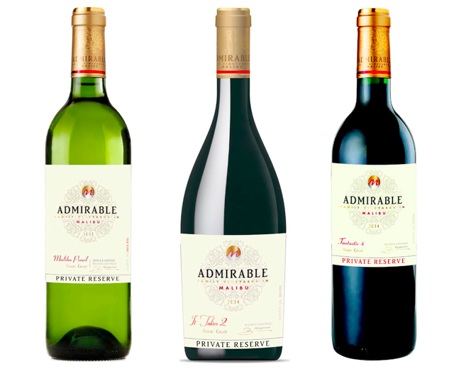 Les trois vins d'appellation Malibu Coast du domaine Admirable. Trois autres cuvées sont en AVA Santa Barbara County, et le rosé de la maison, So Happy!, est en appellation California)
